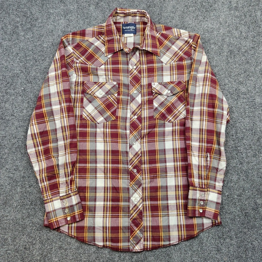 Wrangler Western Shirt Mens Medium Red Plaid Pearl Snap Long Sleeve Rodeo Cowboy